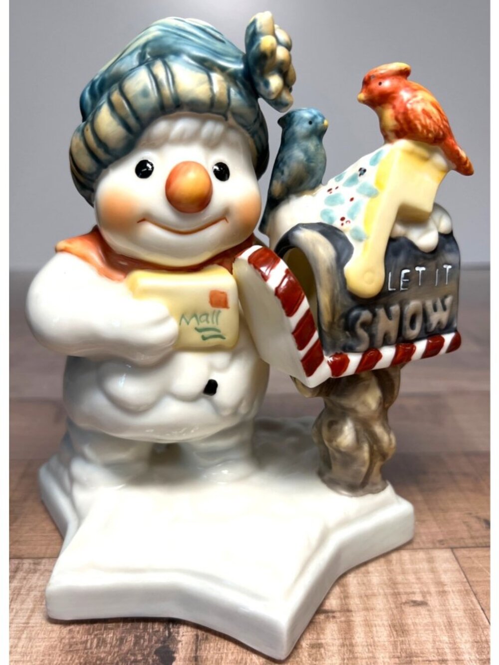 Vintage Ceramic Snowman Figurine With Winter Mailbox Scene